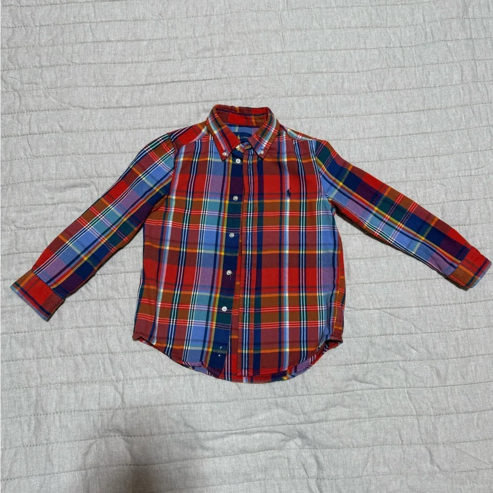 Ralph Lauren Pony Red Blue Plaid Button Down long sleeve Shirt Boys 6 Preppy - Picture 3 of 8